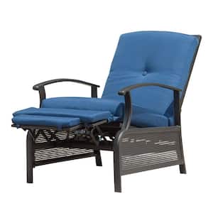 Outdoor Adjustable Metal Patio Recliner  with Comfortable 100% Olefin Blue Cushion