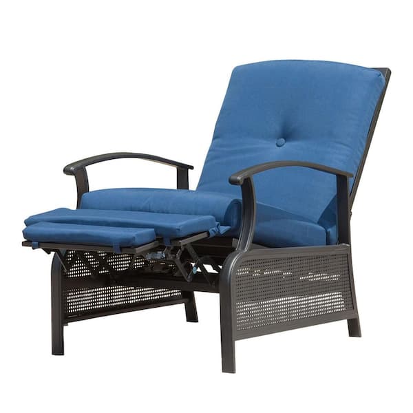 BANSA ROSE Outdoor Adjustable Metal Patio Recliner  with Comfortable 100% Olefin Blue Cushion