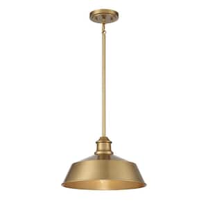 14 in. W x 8 in. H 1-Light Natural Brass Pendant Light with Metal Shade
