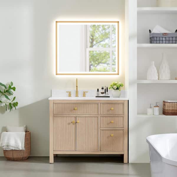 Cerrito 42 in. Single Freestanding Natural Oak Bath Vanity with Grain White Engineered Stone Top Assembled, Mirror