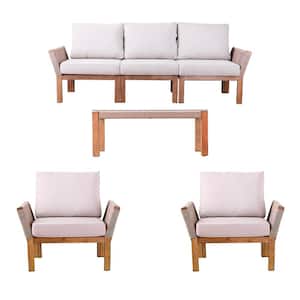 Beringer Oiled Acacia 4-Piece Wood Outdoor Conversation Set with White Cushions