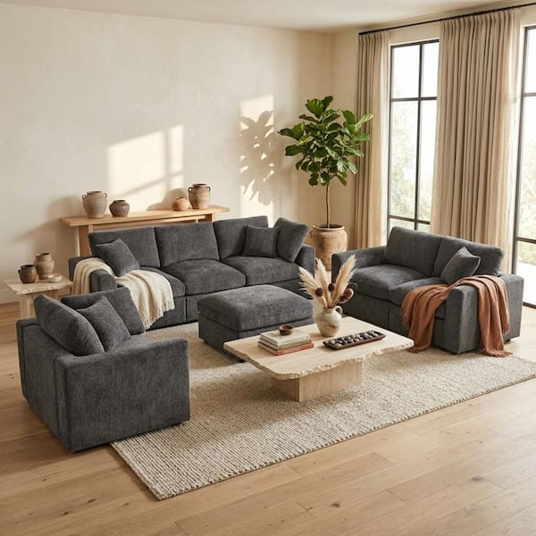 Modern 101.6 in. Chenille Upholstered Rectangle 6-Seater Sectional Sofa Set in Grey with Ottoman and Pillows