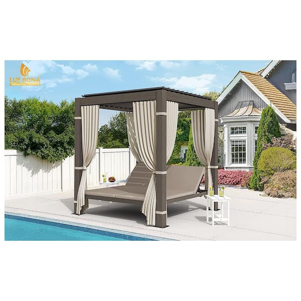 Simba Gray Aluminum Outdoor Day Bed with Adjustable Louvered Roof Gazebo Canopy Lounger with Cushion Reclining Backrest