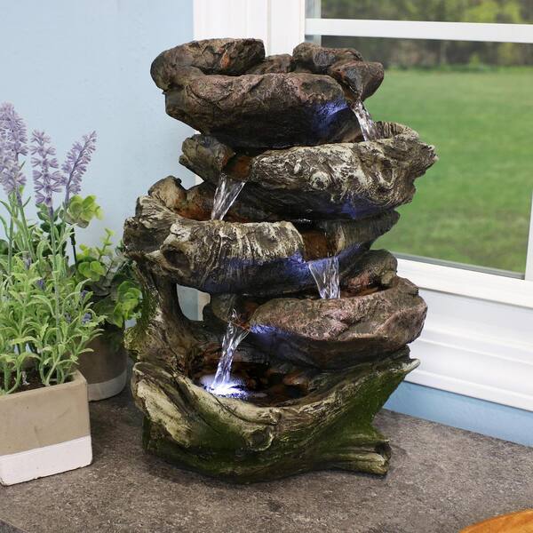 Sunnydaze 14 in. 5-Step Rock Falls Tabletop Fountain with LED
