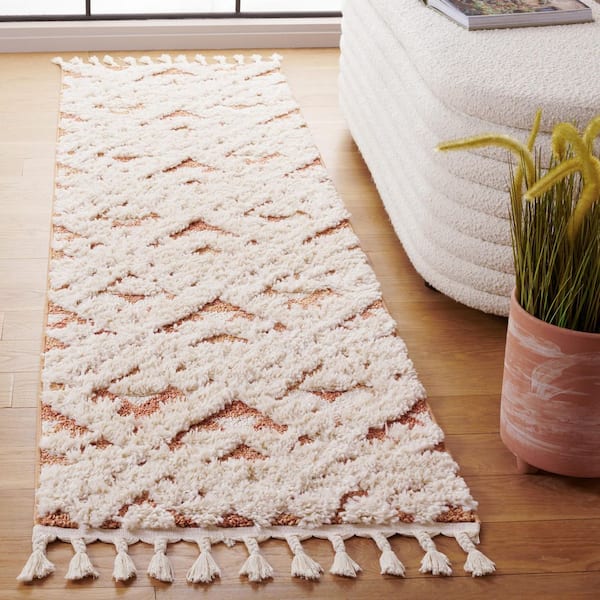 Moroccan Tassel Shag Ivory/Brick Rust 2 ft. x 8 ft. High-Low Geometric Fringe Runner Rug