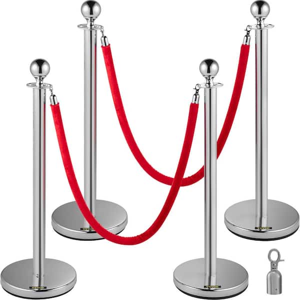 VEVOR Crowd Control Stanchion 4.9 ft. Red Velvet Ropes barriers 4-Pieces Stainless Steel Stanchion Posts Queue, Silver