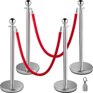 Crowd Control Stanchion 4.9 ft. Red Velvet Ropes barriers 4-Pieces Stainless Steel Stanchion Posts Queue, Silver
