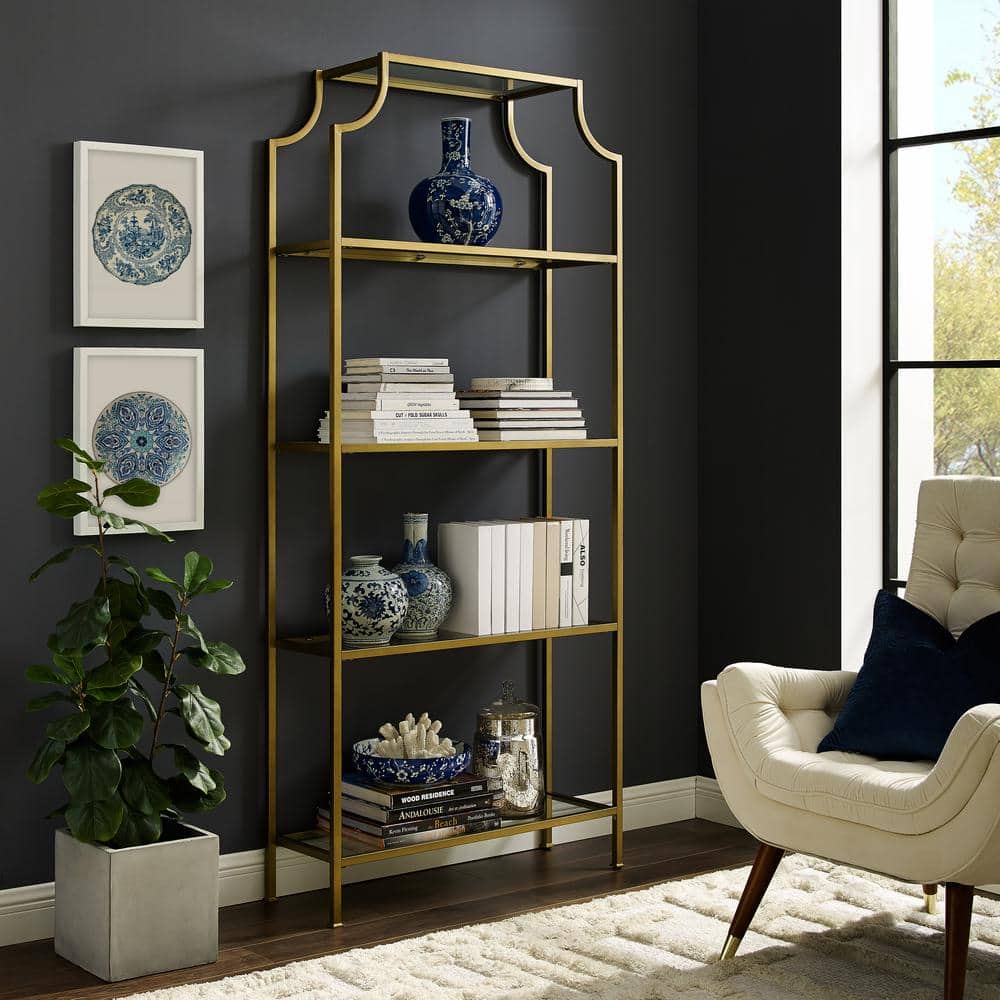 Black Steel Modern Pagoda-Style Etagere with Glass Shelves