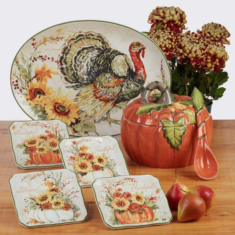 Harvest Morning Oval Ceramic Platter with Watercolor Turkey Design