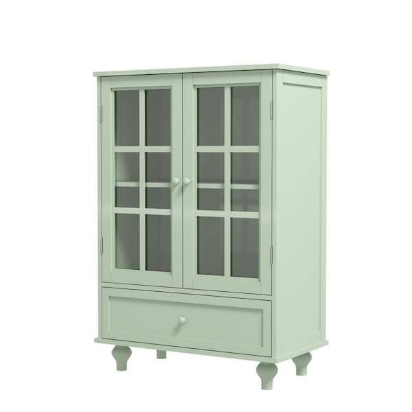 28 in. W x 15 in. D x 38 in. H Green Linen Cabinet with Double Glass Doors and Drawer
