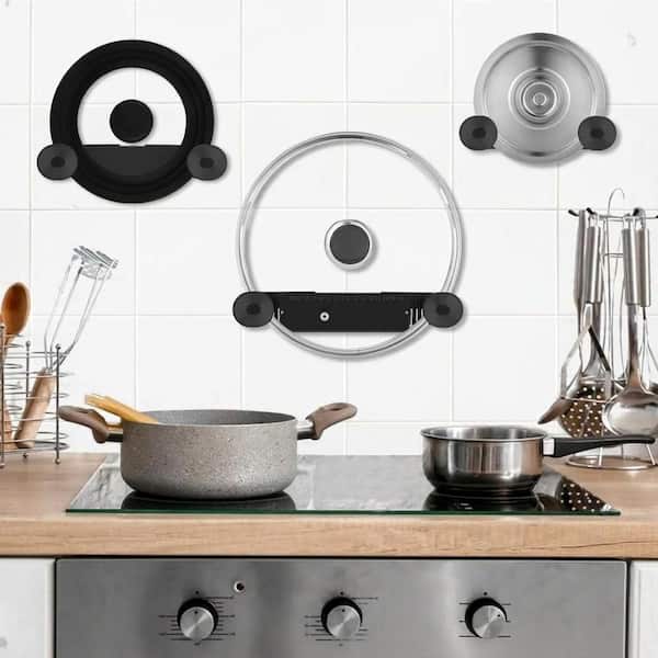 Black Adjustable Pot Lid Organizer Drawer Organizer with Screw Hole Position Sticky Wall Mounted Lid Storage 4 Pack