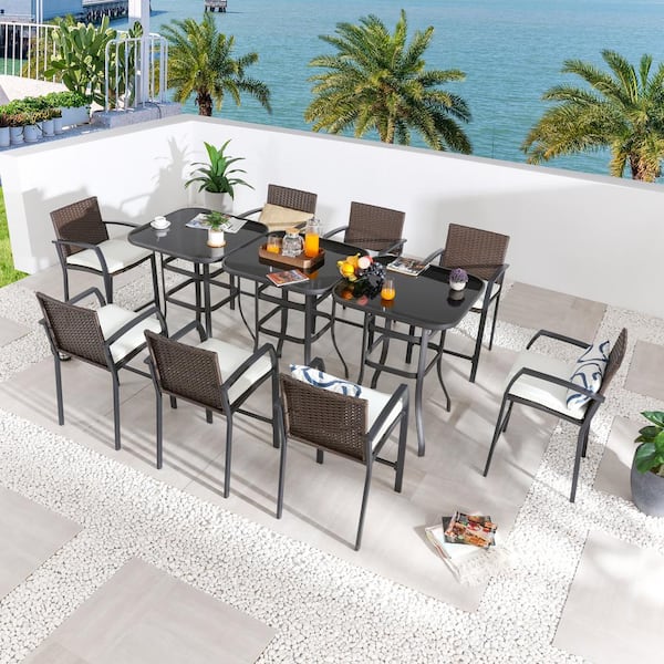 Patio Festival 11-Piece Wicker Bar Height Outdoor Dining Set with Beige Cushions
