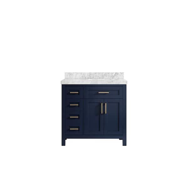 Willow Collections Cambridge 36 in. W x 22 in. D x 36 in. H Right Offset Sink Bath Vanity in Navy Blue with 2 in. Carrara Marble Top