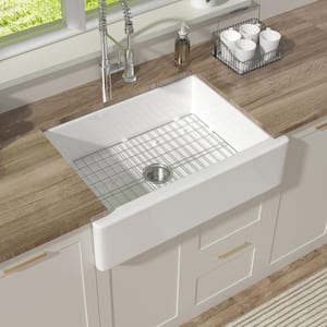 34 in. Drop-in Undermount Quick-Fit Sink Single Bowl White Fireclay Kitchen Sink Apron Front with Bottom Grids and Drain