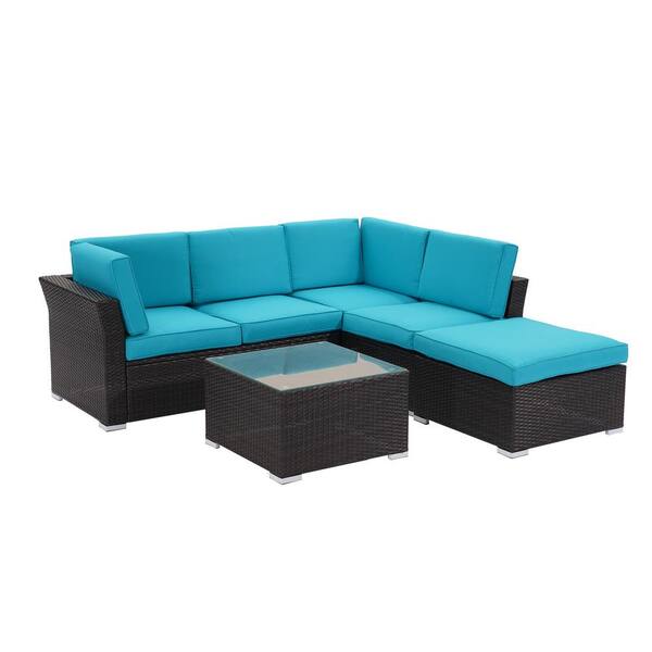 Unbranded Brown 4 Pieces Wicker Outdoor Patio Conversation Set with Lake Blue Cushions for Outdoor Backyard Garden