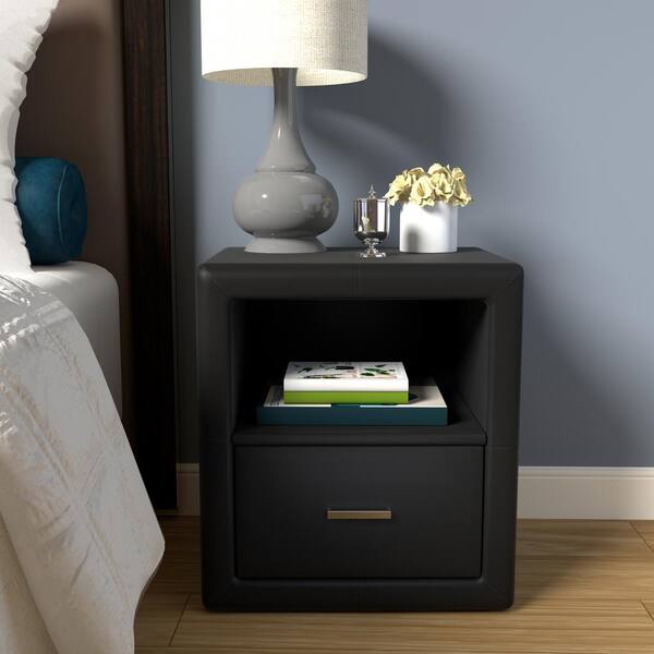 Rest Rite Vivian Black With Drawers, Black Faux Leather Nightstand