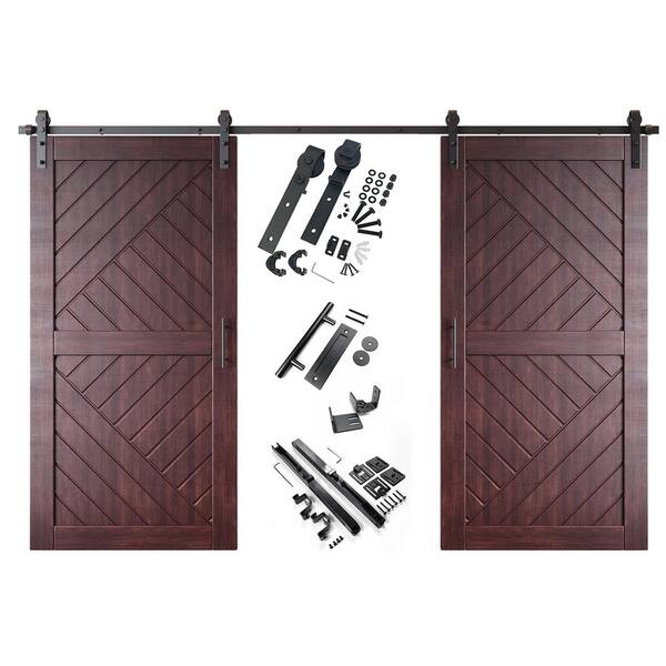 HT 32 in. x 84 in. C-Panel Red Mahogany Geometric Design Double Pine Wood Sliding Barn Door with Hardware Kit