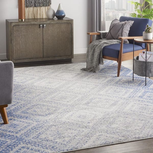 7 ft. x 10 ft. Ivory and Blue Geometric Distressed Non Skid Area Rug
