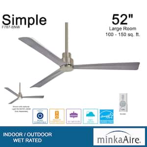 Simple 52 in. Indoor/Outdoor Brushed Nickel Wet Ceiling Fan with Remote Control