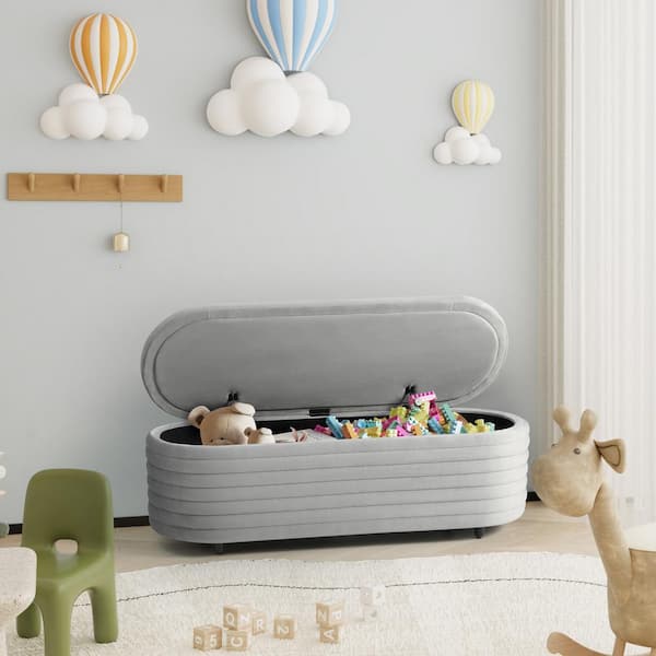 Farrah 54 in. Wide Oval Velvet Upholstered Entryway Flip Top Storage Bedroom Accent Bench in Gray