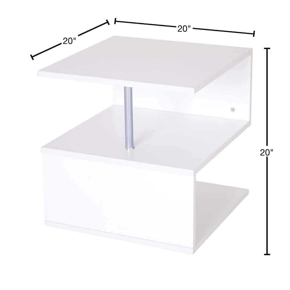 White S-Shaped Multi-Level End Table with Steel Poles