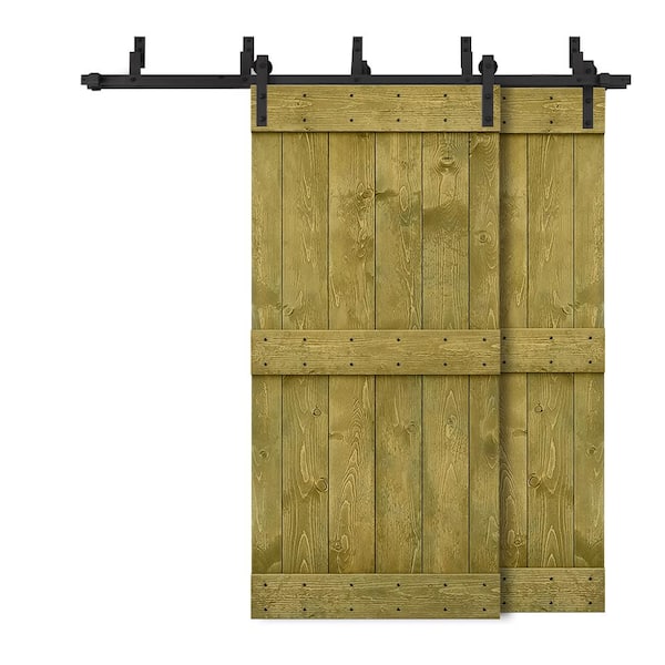 CALHOME 88 in. x 84 in. Mid-Bar Bypass Jungle Green Stained DIY Solid Wood Interior Double Sliding Barn Door with Hardware Kit