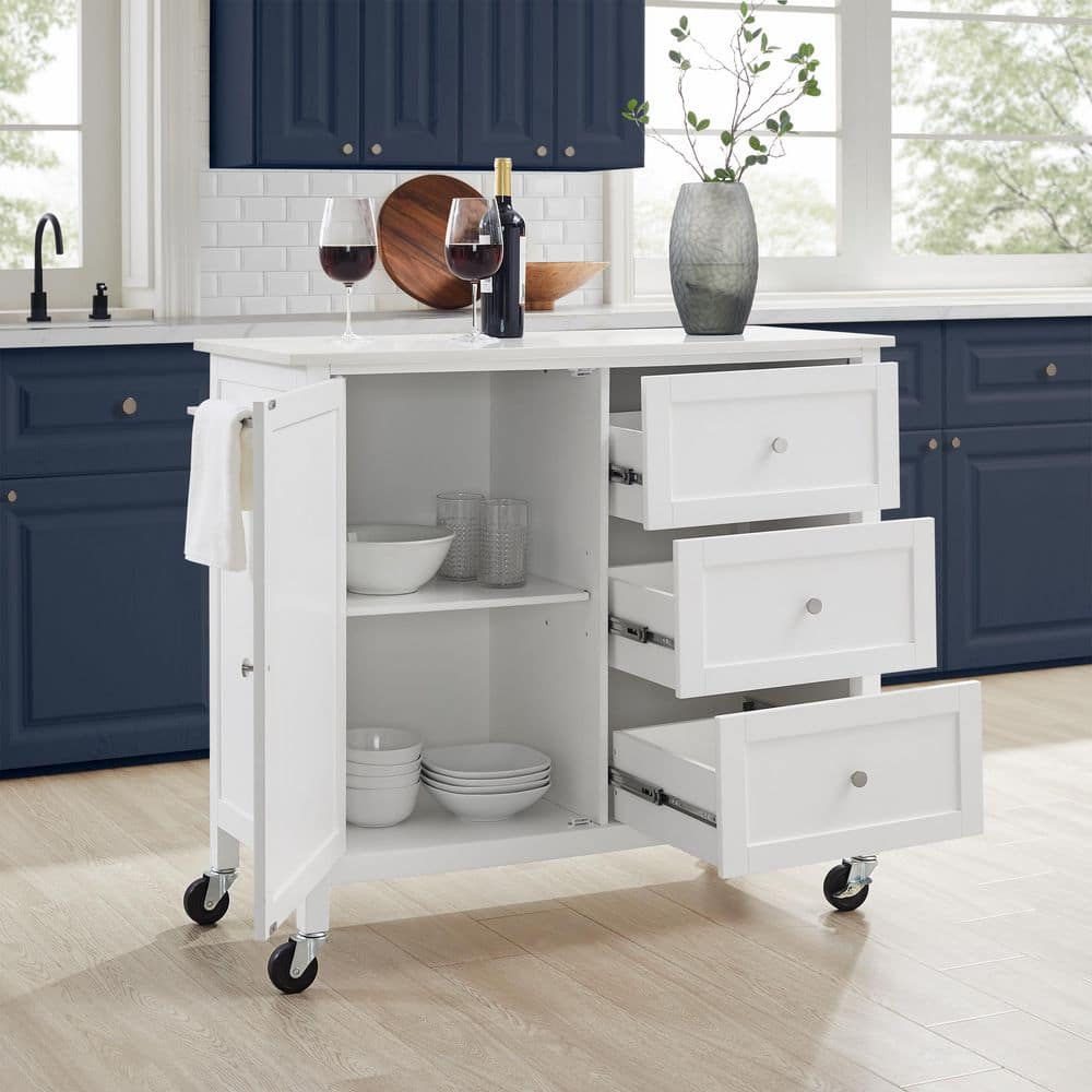 Soren 44" White Stone Top Kitchen Island Cart