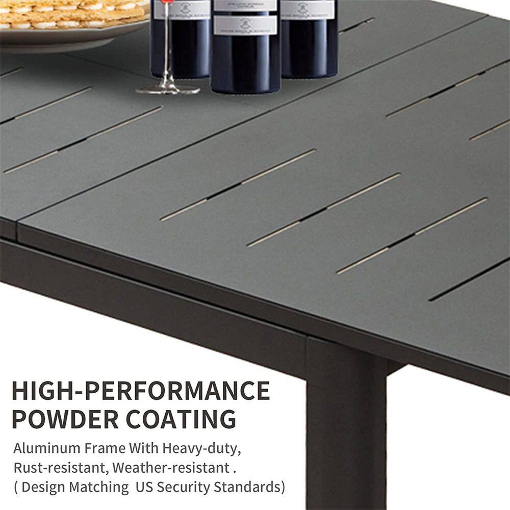 Close-up of the table surface showing slats and powder coating details.