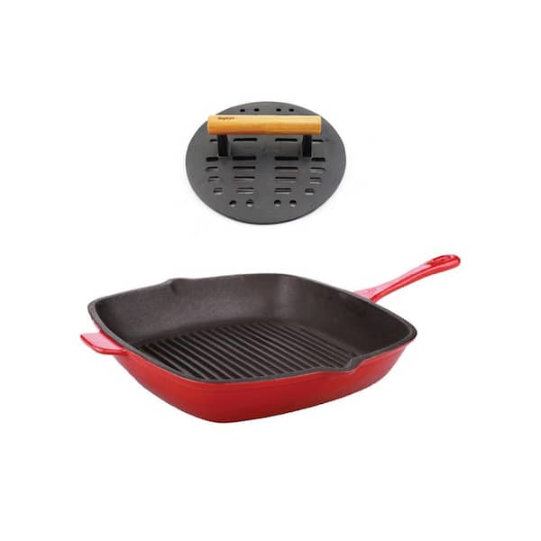 Neo 11 in. Cast Iron Grill Pan in Red with Bacon Press
