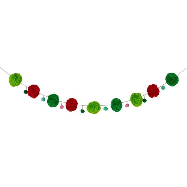 Pom Pom Christmas Garland-4 ft. x 2 in. Green and Red-Unlit