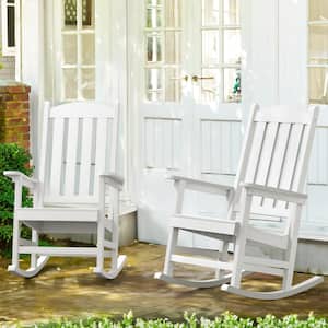 White Plastic Adirondack Outdoor Rocking Chair with High Back, Porch Rocker For Backyard (2-Pack)