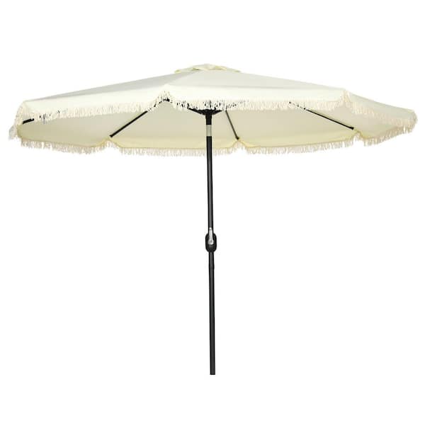 Siavonce 9 ft. Patio Umbrella with Button Tilt and Crank, Ruffled Market Table Umbrella with Tassles and 8 Ribs in Cream White