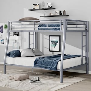 Silver Full XL Over Queen Metal Bunk Bed with 2-Side Ladders