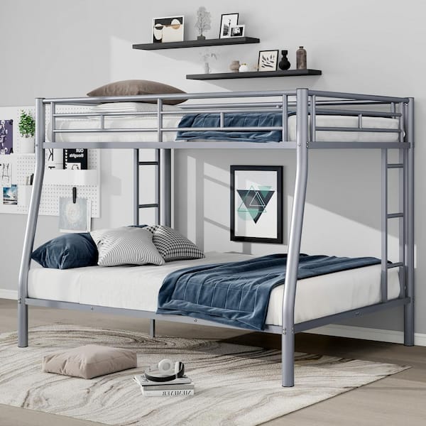 Harper & Bright Designs Silver Full XL Over Queen Metal Bunk Bed with 2-Side Ladders