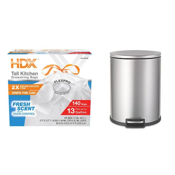 13 Gal. Stainless Steel D Shape Step-On Trash Can Plus 13 Gal. Drawstring Fresh Scent Kitchen Trash Bag (150-Count)
