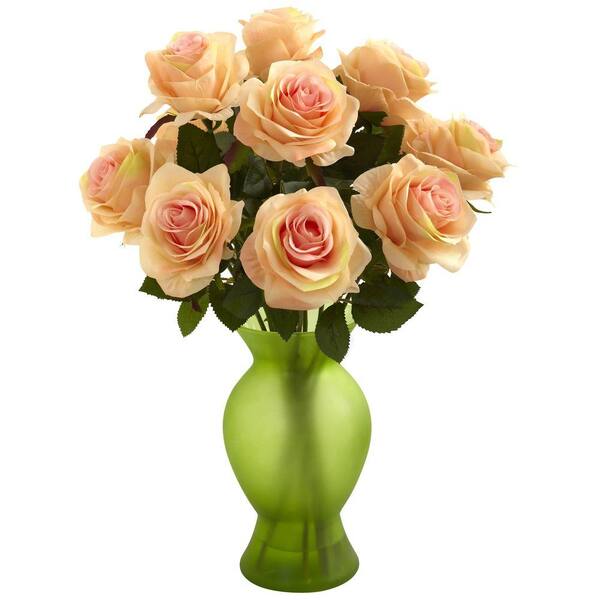 Nearly Natural Roses with Colored Glass Vase