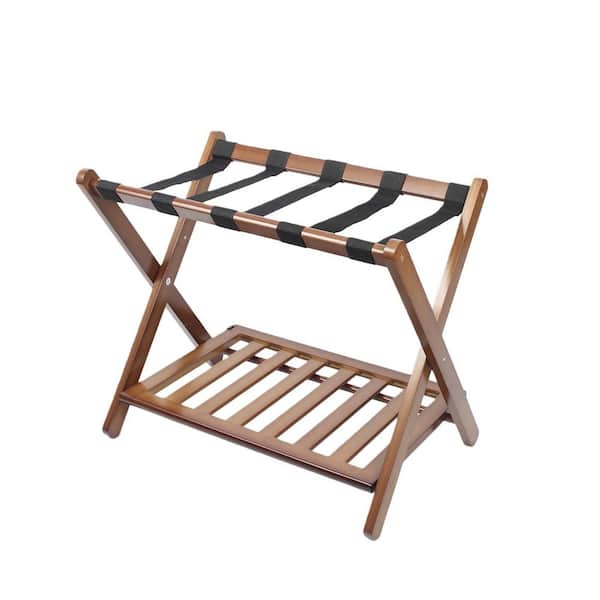 Brown Walnut Bamboo Fully Assembled Luggage Rack with Shoe Shelf, Folding Suitcase Stand with 5 Heavy-Duty Straps