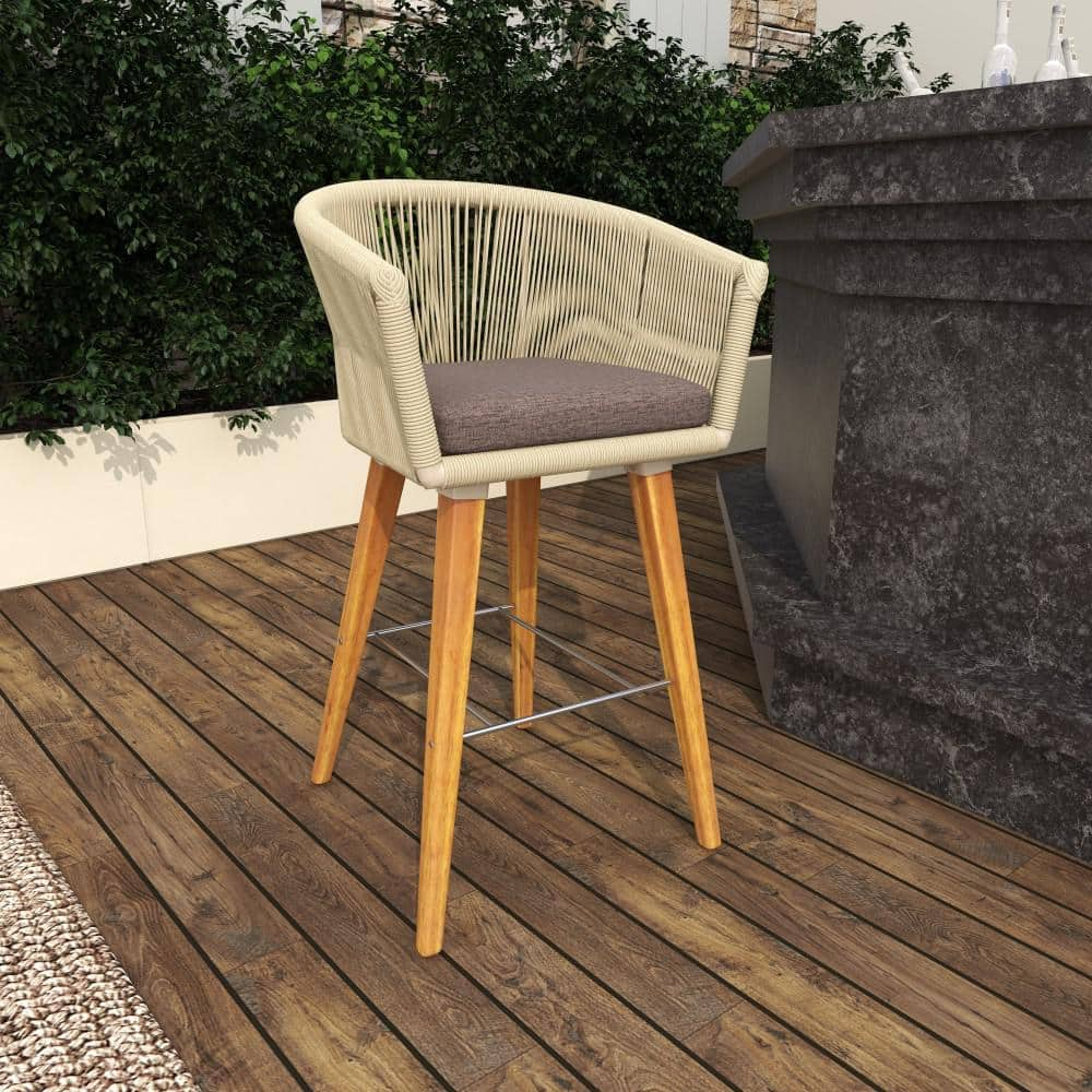 DecMode Wood Indoor Outdoor Woven Rope Bar Stool with Polyester Cushions and Slender Tapered Legs  Gray