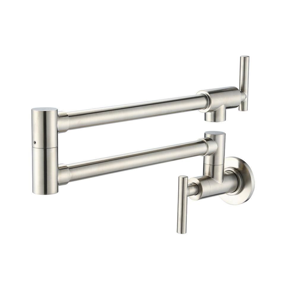 2 Handles Wall Mounted Pot Filler with Swing Arm Folding Faucet in Brushed 