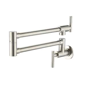 2 Handles Wall Mounted Pot Filler with Swing Arm Folding Faucet in Brushed Nickle