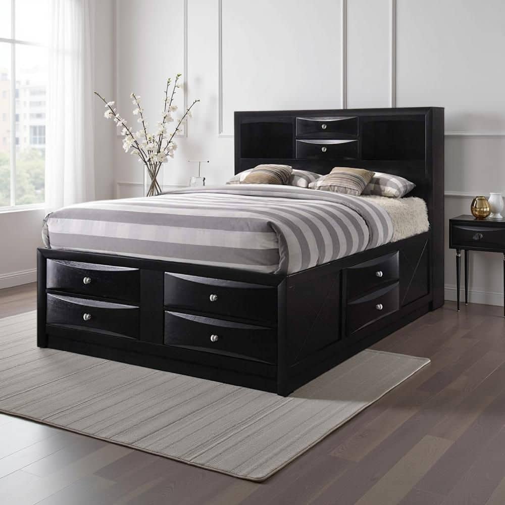 Brown Wood Frame Full Size Panel Bed with Storage