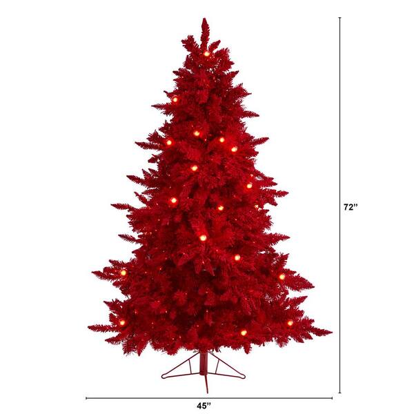 Nearly Natural 6 ft. Red Pre-Lit Flocked Fraser Fir Artificial Christmas Tree with 350 Red Lights, 33 Globe Bulbs T1460 Depot