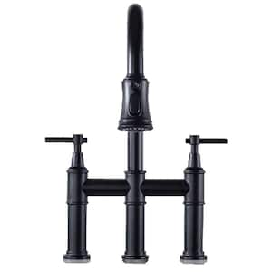 Double Handle Bridge Kitchen Faucet with Pull-Down Sprayhead, 360-degree Rotating Nozzle in Matte Black