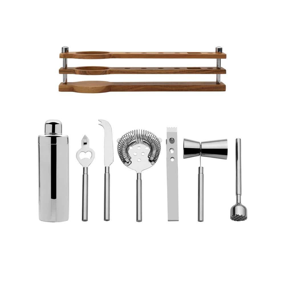 Bliss 8-Piece Stainless Steel Bar Tool Set with Acacia Wood Stand