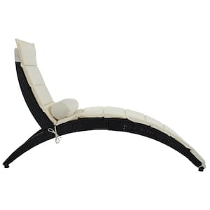 Black 1-Piece Wicker Outdoor Foldable Chaise Lounge with Removable Beige Cushion and Bolster Pillow