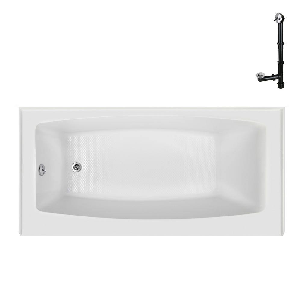 Glossy White Acrylic Rectangular Alcove Bathtub with Polished Chrome Drain