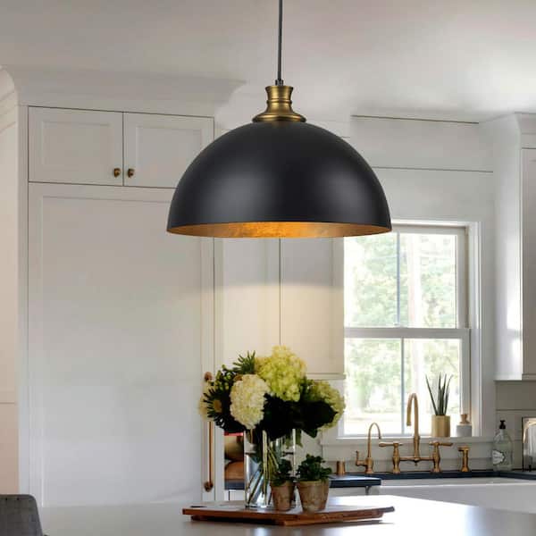 Detroit 1-Light 15in. Black Farmhouse Dome Pendant Dimmable Indoor/Outdoor Hanging Light for Kitchen Island