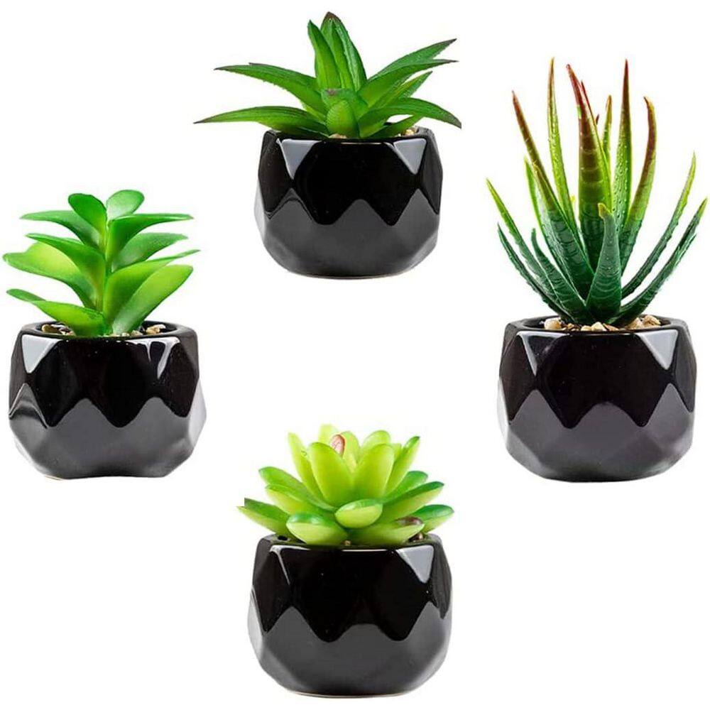 5.47 in. Black Ceramic Indoor Artificial Succulent Plant Set 4