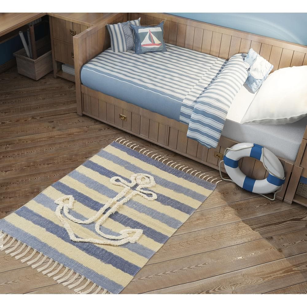 Handmade Nautical Tufted Cotton Accent Rug 45" x 30" - Blue Stripe