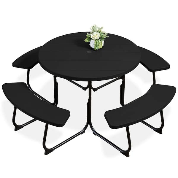 Unbranded 75 in. Black Round Steel Picnic Table Seats 8 People with Umbrella Hole